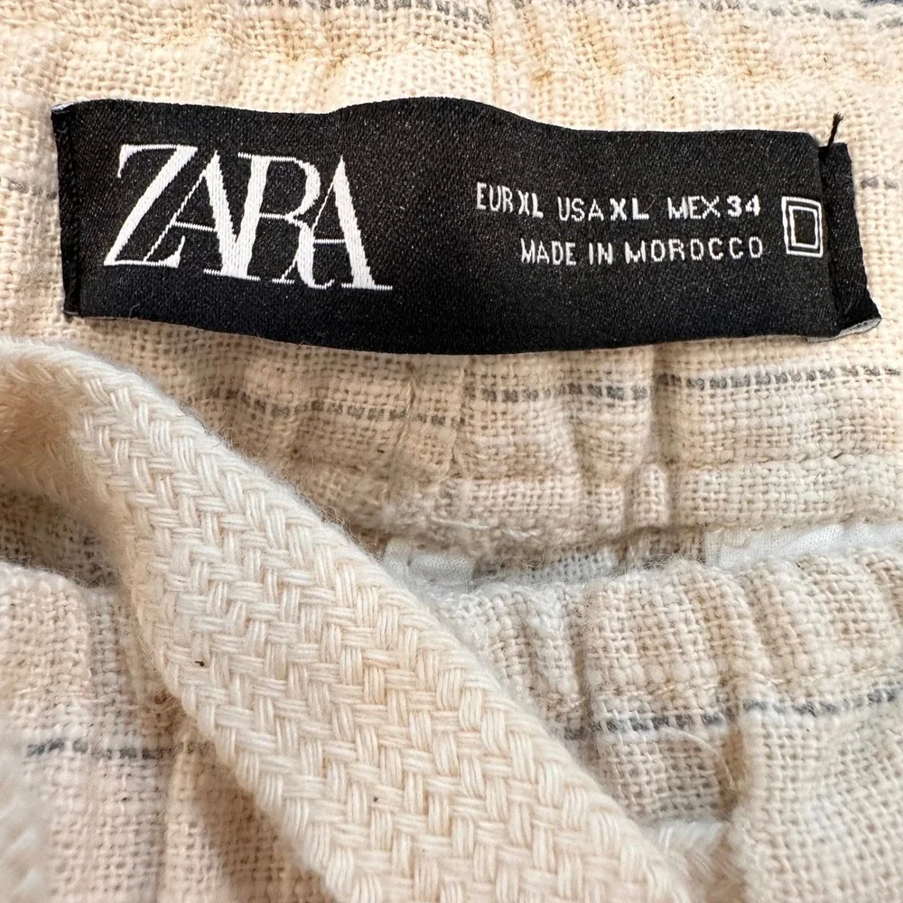 Zara Striped Drawstring Pants Womens XL 34x28 Cream Cotton Blend Straight Leg